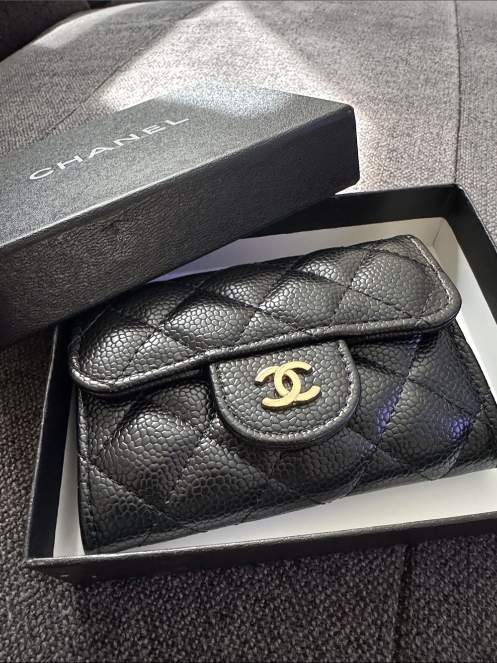 C. Black Quilted Caviar Leather Card & Key Holder with Gold CC - Picture 2 of 5